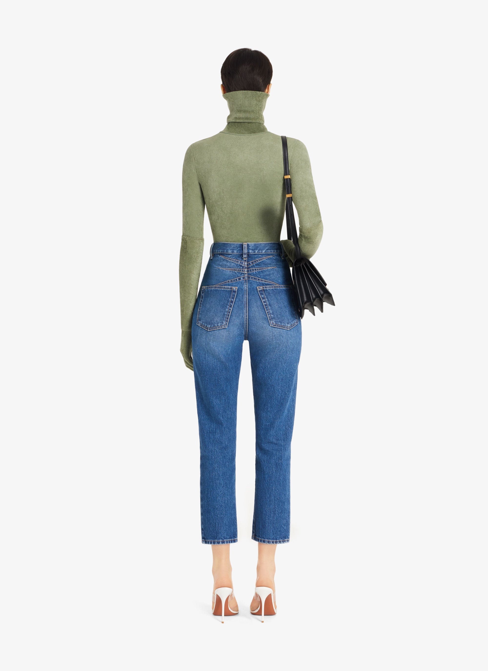 Long-sleeved velvet zip-up bodysuit - Green