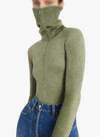 Long-sleeved velvet zip-up bodysuit - Green
