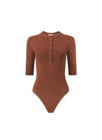 3/4 Sleeve Button Bodysuit - Brown