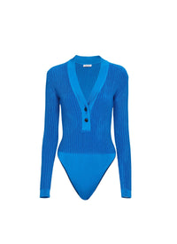 V-Neck Buttoned Bodysuit - Blue