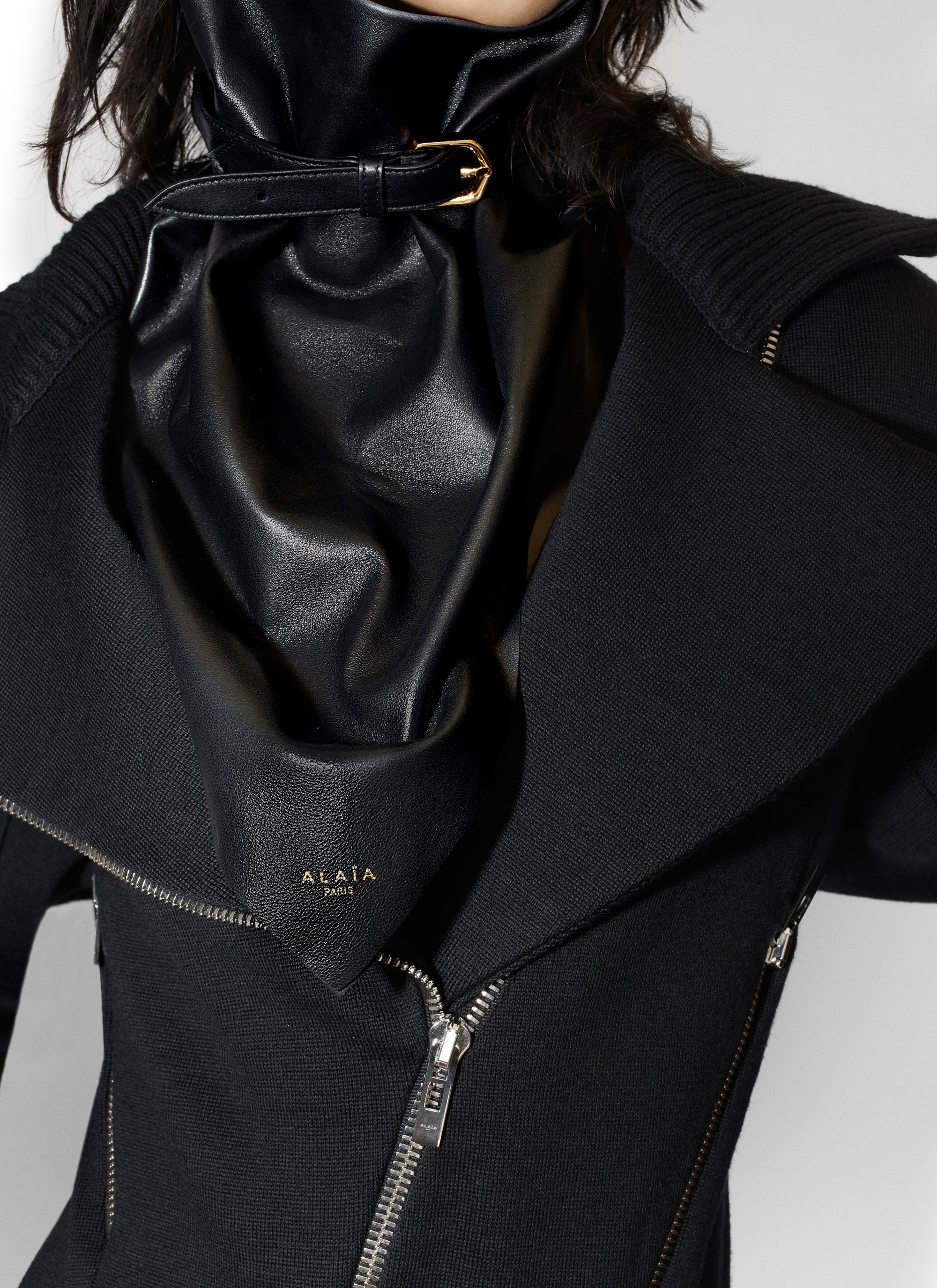 Body biker à manches longues en laine - Noir Alaïa