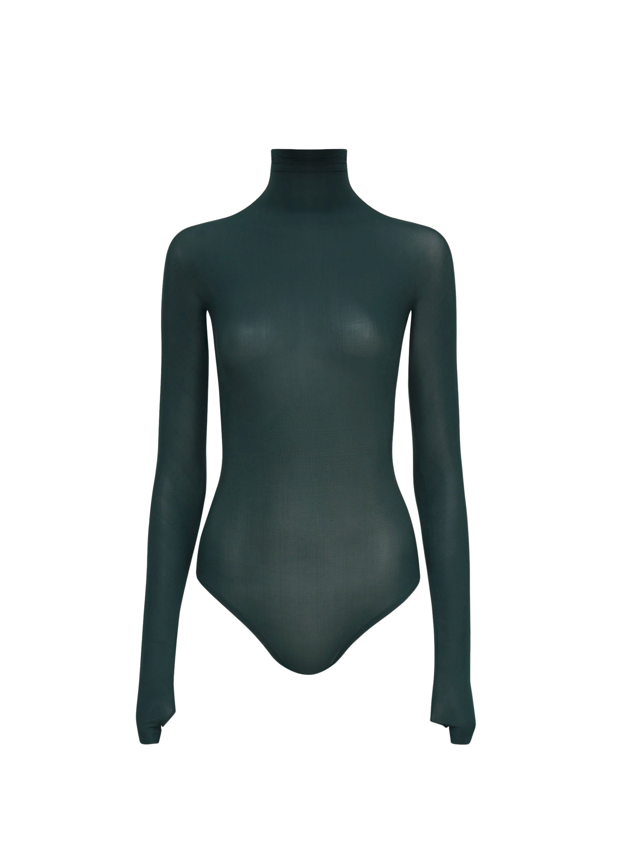 Long-sleeved sheer bodysuit in wool - Dark green