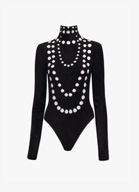 Long Sleeve Beaded Bodysuit - Black & White
