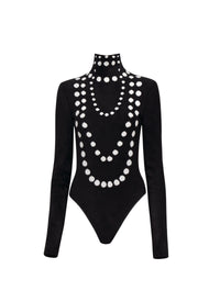 Long Sleeve Beaded Bodysuit - Black & White