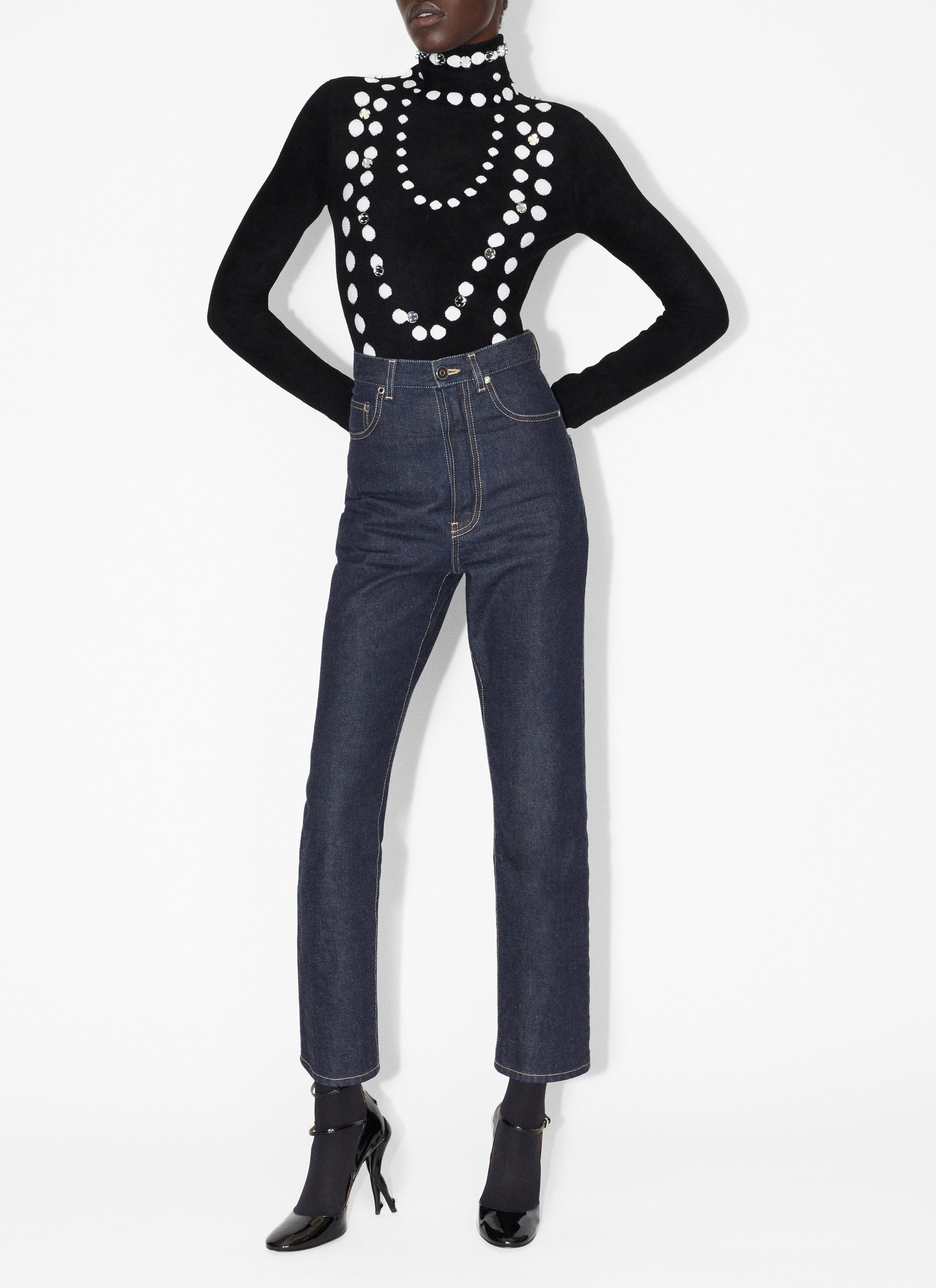 Long Sleeve Beaded Bodysuit - Black & White
