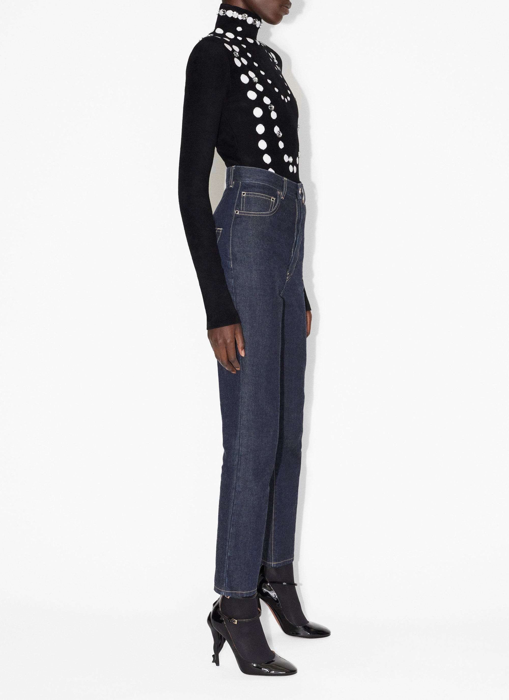 Long Sleeve Beaded Bodysuit - Black & White