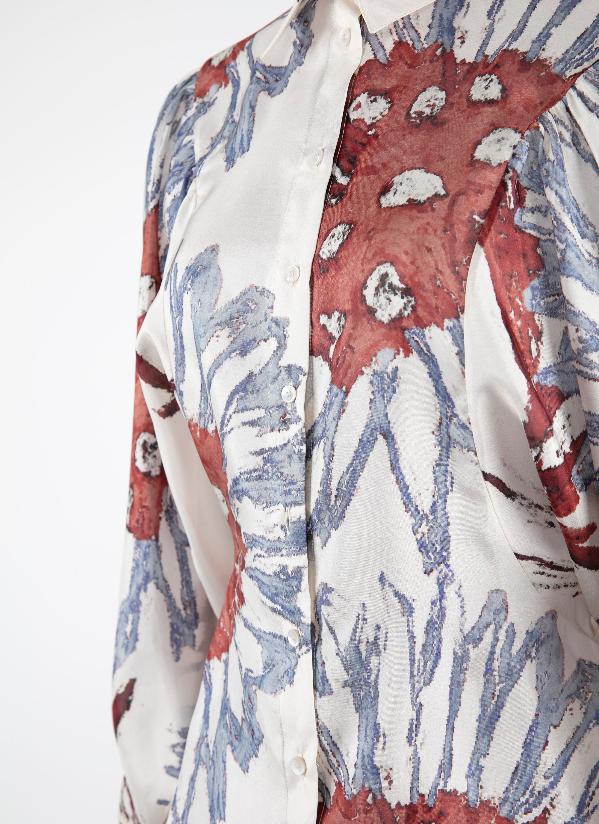 Chemise à manches longues imprimé fleuri en soie - Blanc & Gris Bleu