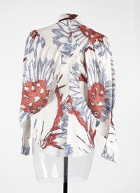 Chemise à manches longues imprimé fleuri en soie - Blanc & Gris Bleu