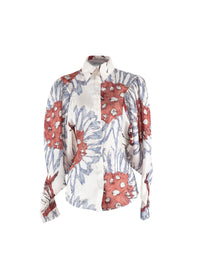 Chemise à manches longues imprimé fleuri en soie - Blanc & Gris Bleu