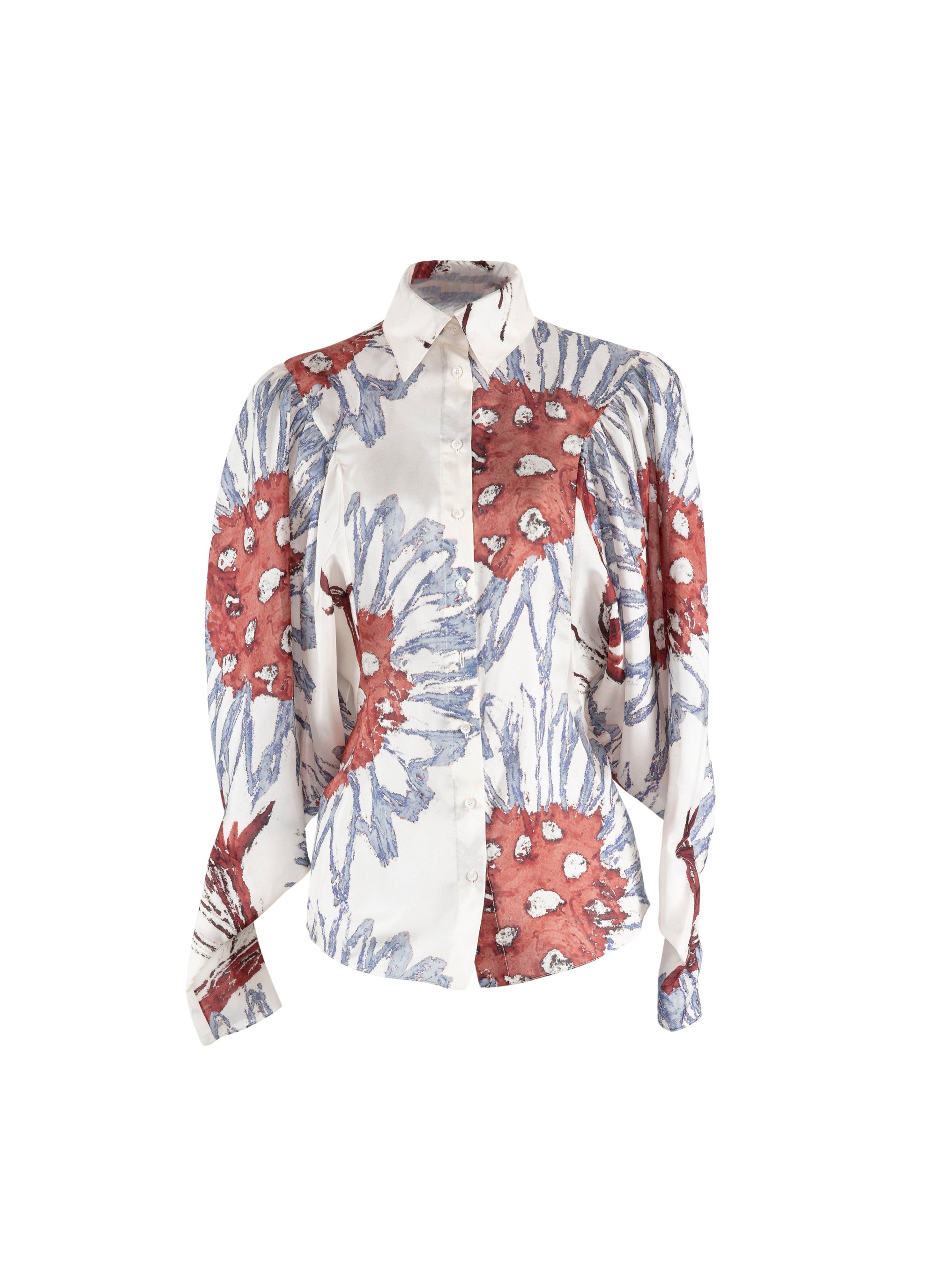Chemise à manches longues imprimé fleuri en soie - Blanc & Gris Bleu