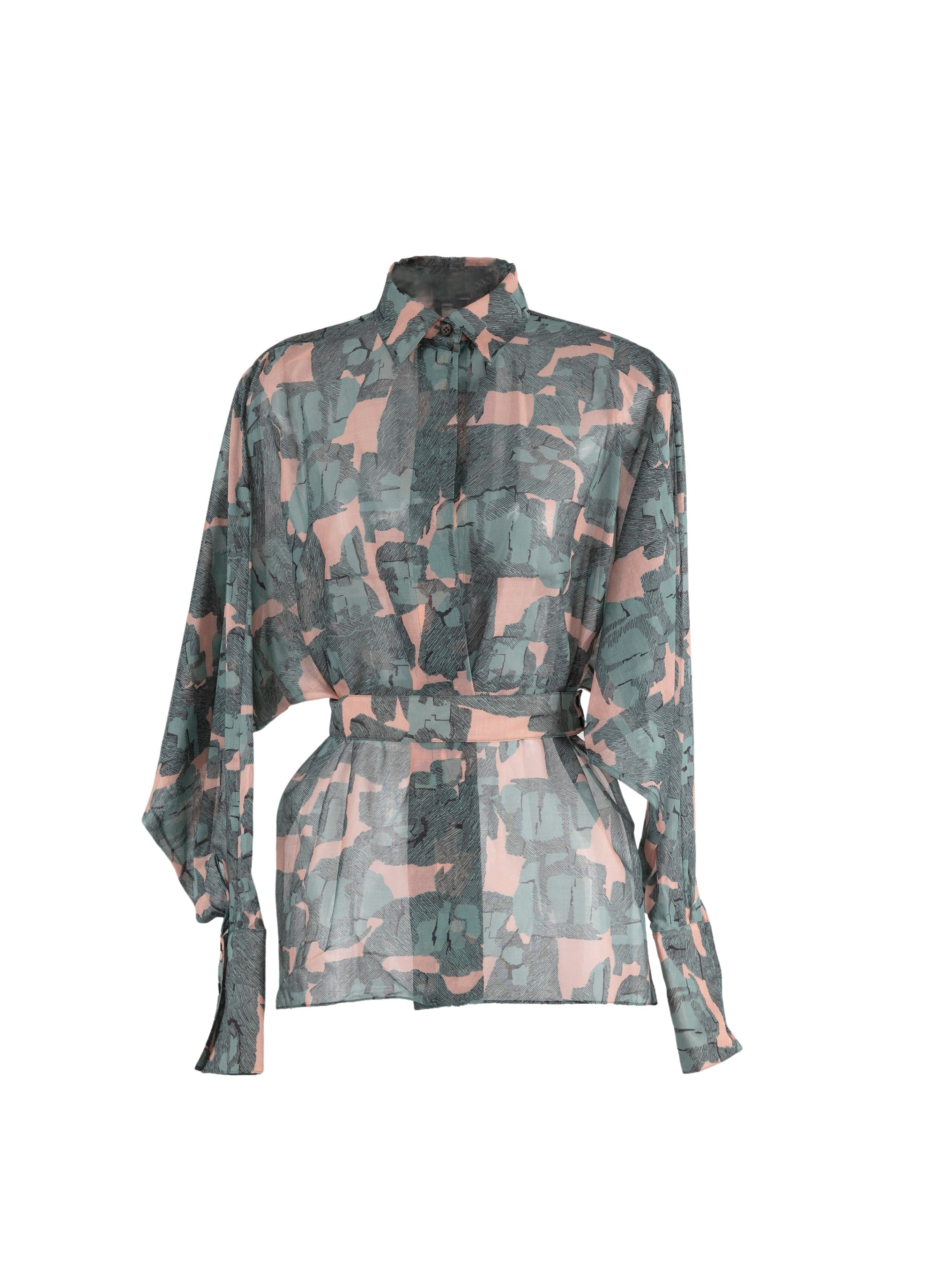Chemise ceinturée transparente à motifs géométriques - Chair & Vert