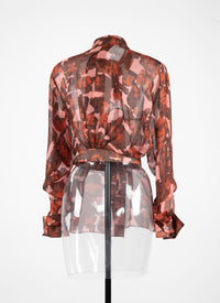 Belted sheer geometric shirt - Pink & Red