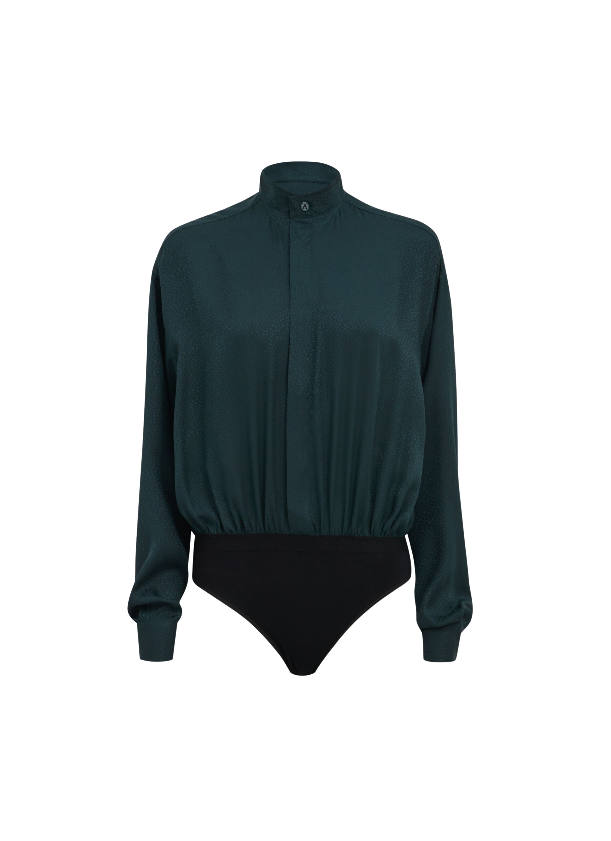 Silk Jacquard Shirt Bodysuit - Dark Green