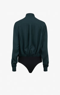 Silk Jacquard Shirt Bodysuit - Dark Green