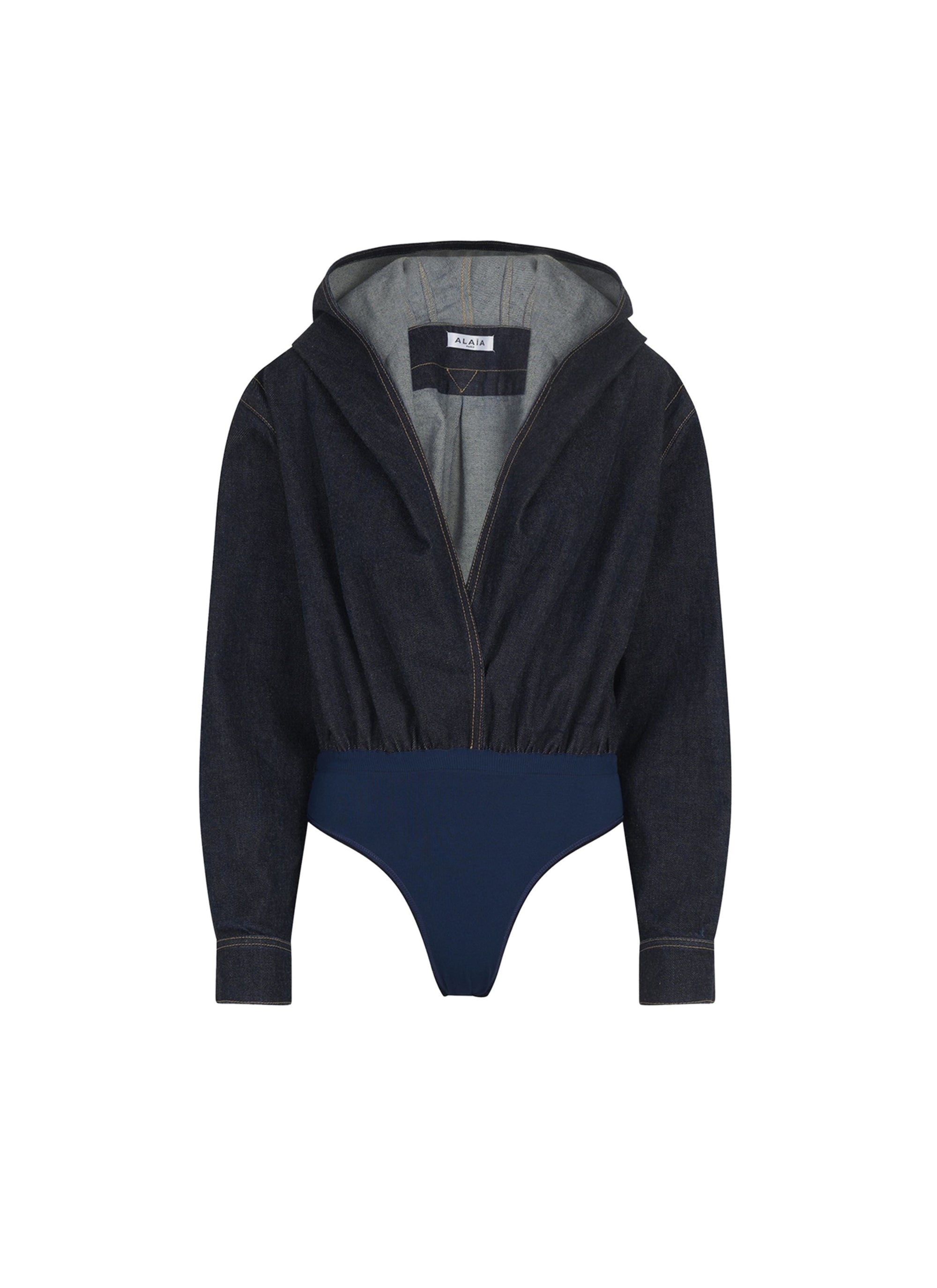 Body à capuche en denim brut - Bleu Denim