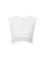 Sleeveless cropped top with openwork hem - White