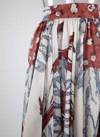 Printed pleated long skirt - White & Grey Blue