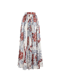 Printed pleated long skirt - White & Grey Blue