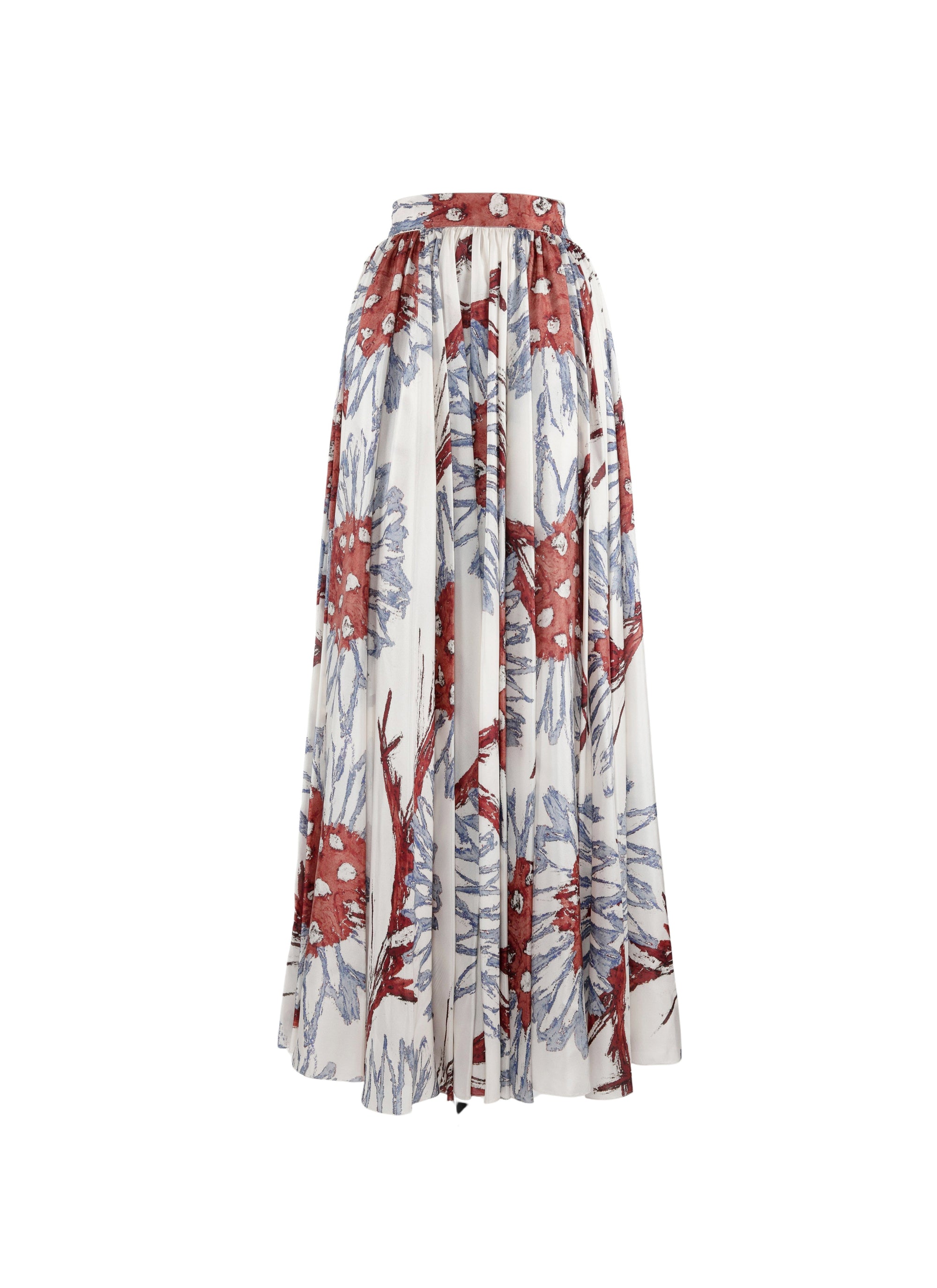 Printed pleated long skirt - White & Grey Blue