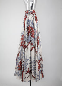 Printed pleated long skirt - White & Grey Blue