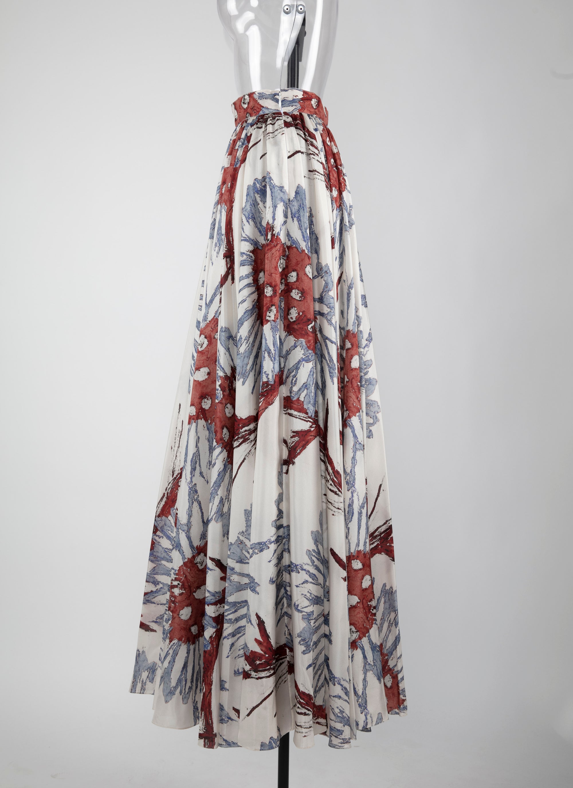 Printed pleated long skirt - White & Grey Blue