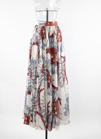 Printed pleated long skirt - White & Grey Blue