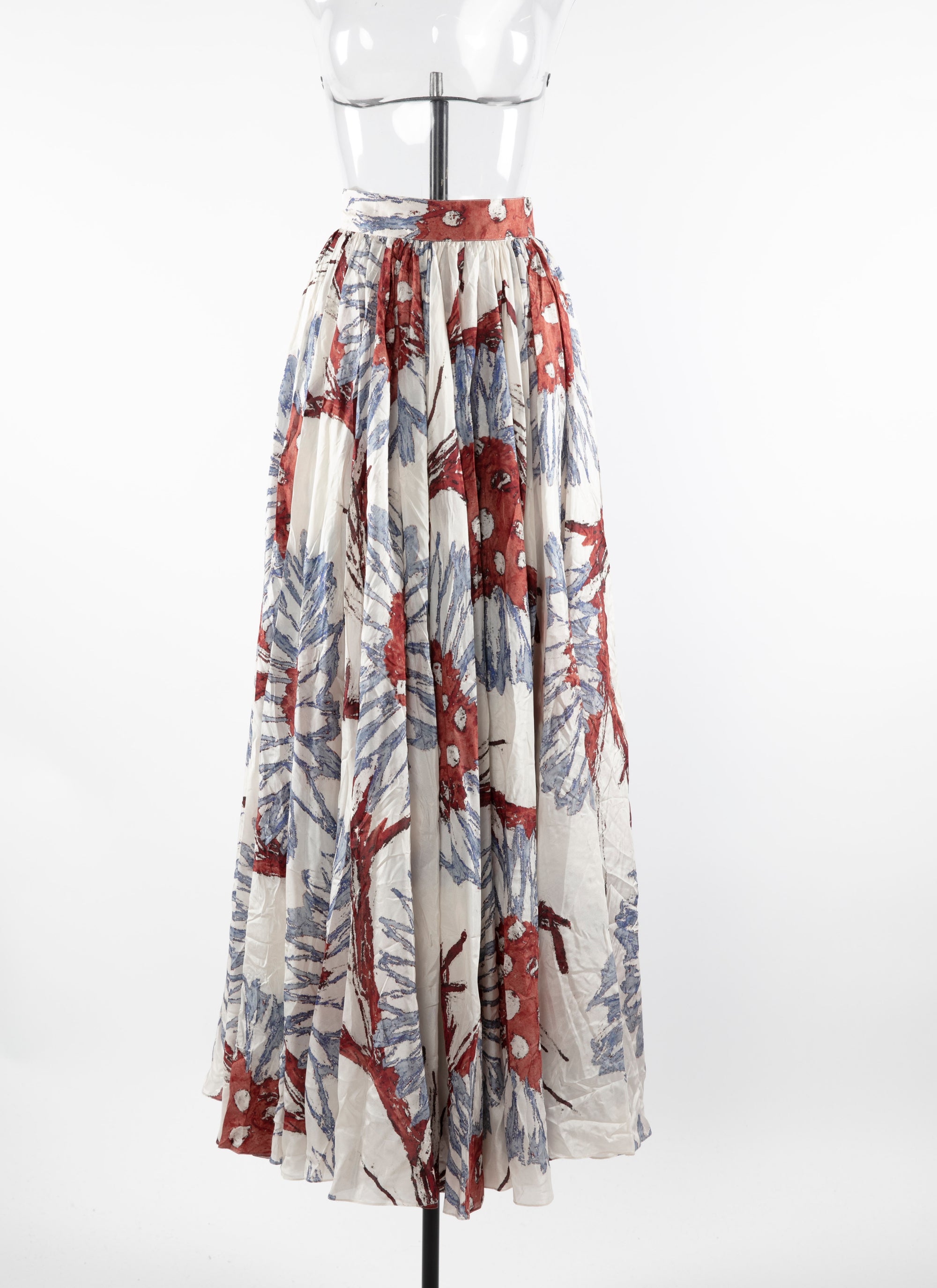 Printed pleated long skirt - White & Grey Blue