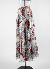 Printed pleated long skirt - White & Grey Blue
