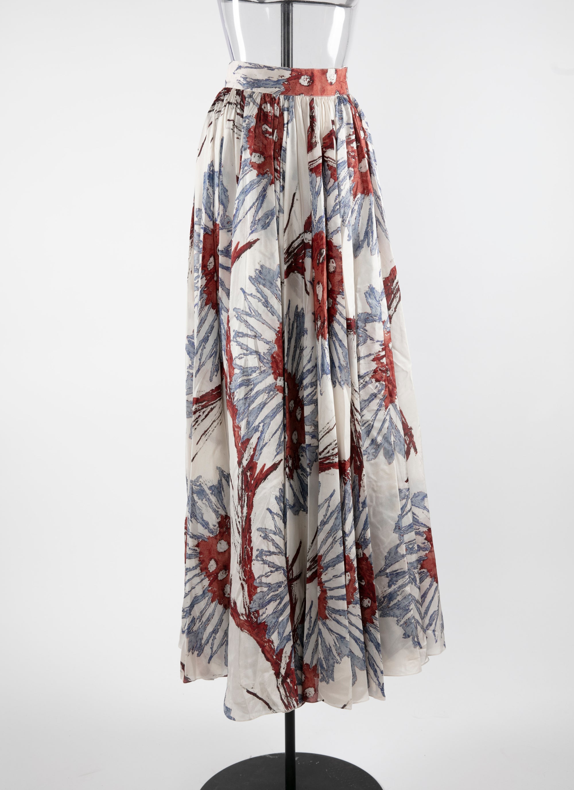 Printed pleated long skirt - White & Grey Blue