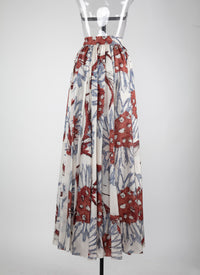 Printed pleated long skirt - White & Grey Blue