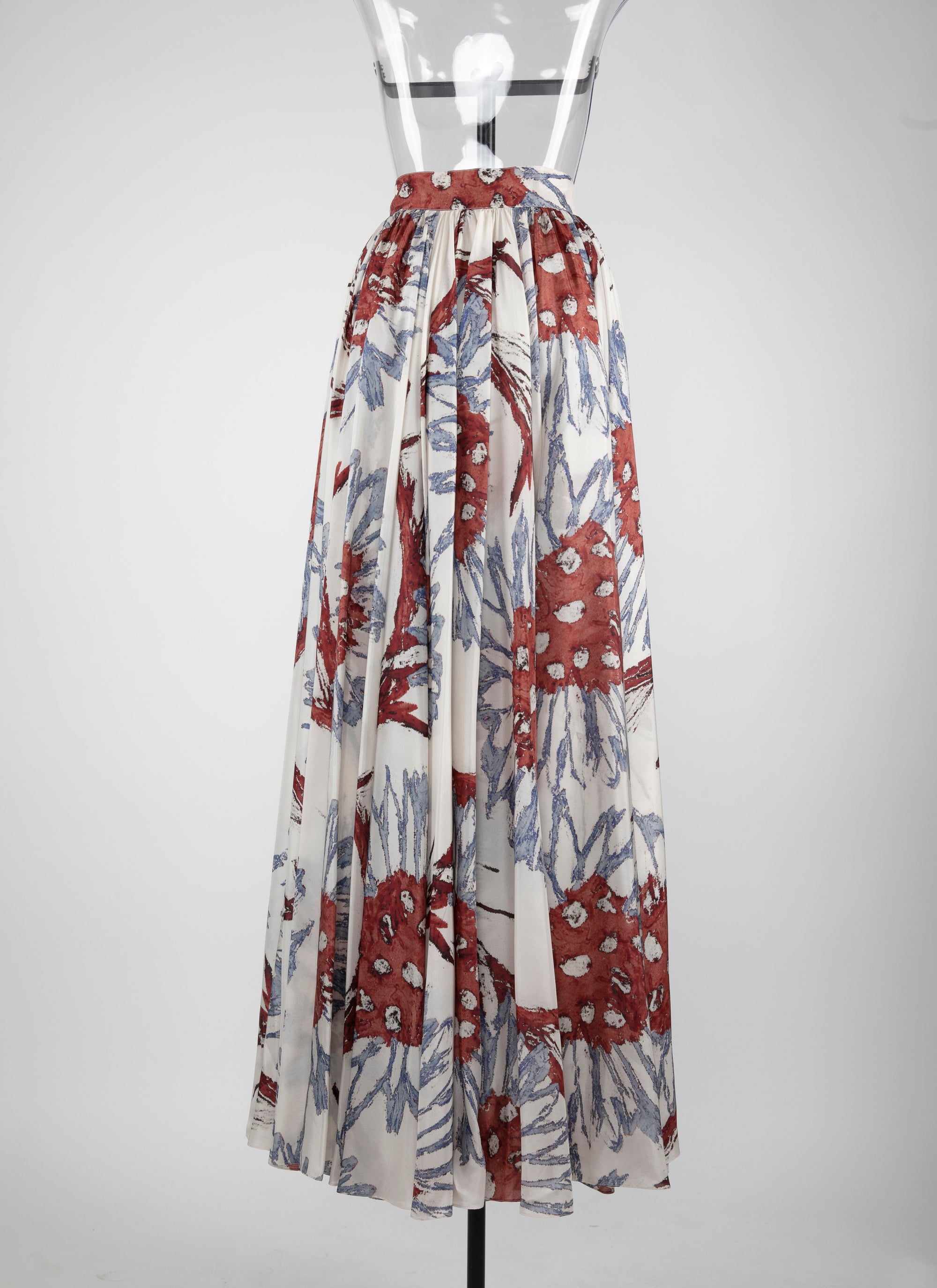 Printed pleated long skirt - White & Grey Blue