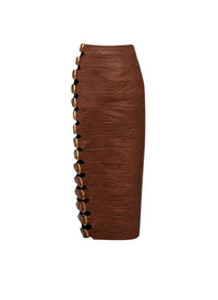 Jupe à boucle en cuir embossé crocodile - Tabac