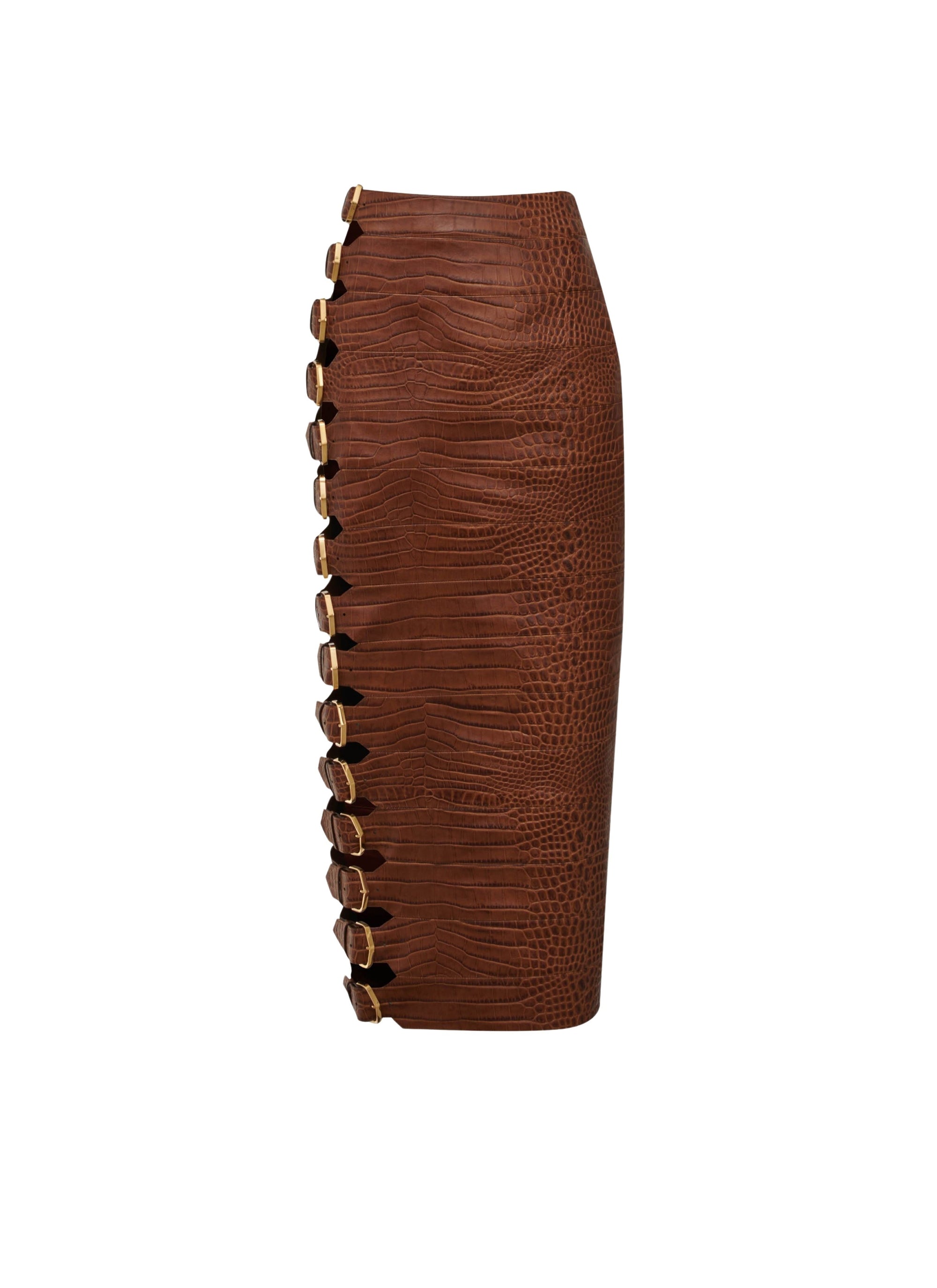 Jupe à boucle en cuir embossé crocodile - Tabac
