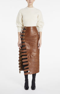 Jupe à boucle en cuir embossé crocodile - Tabac