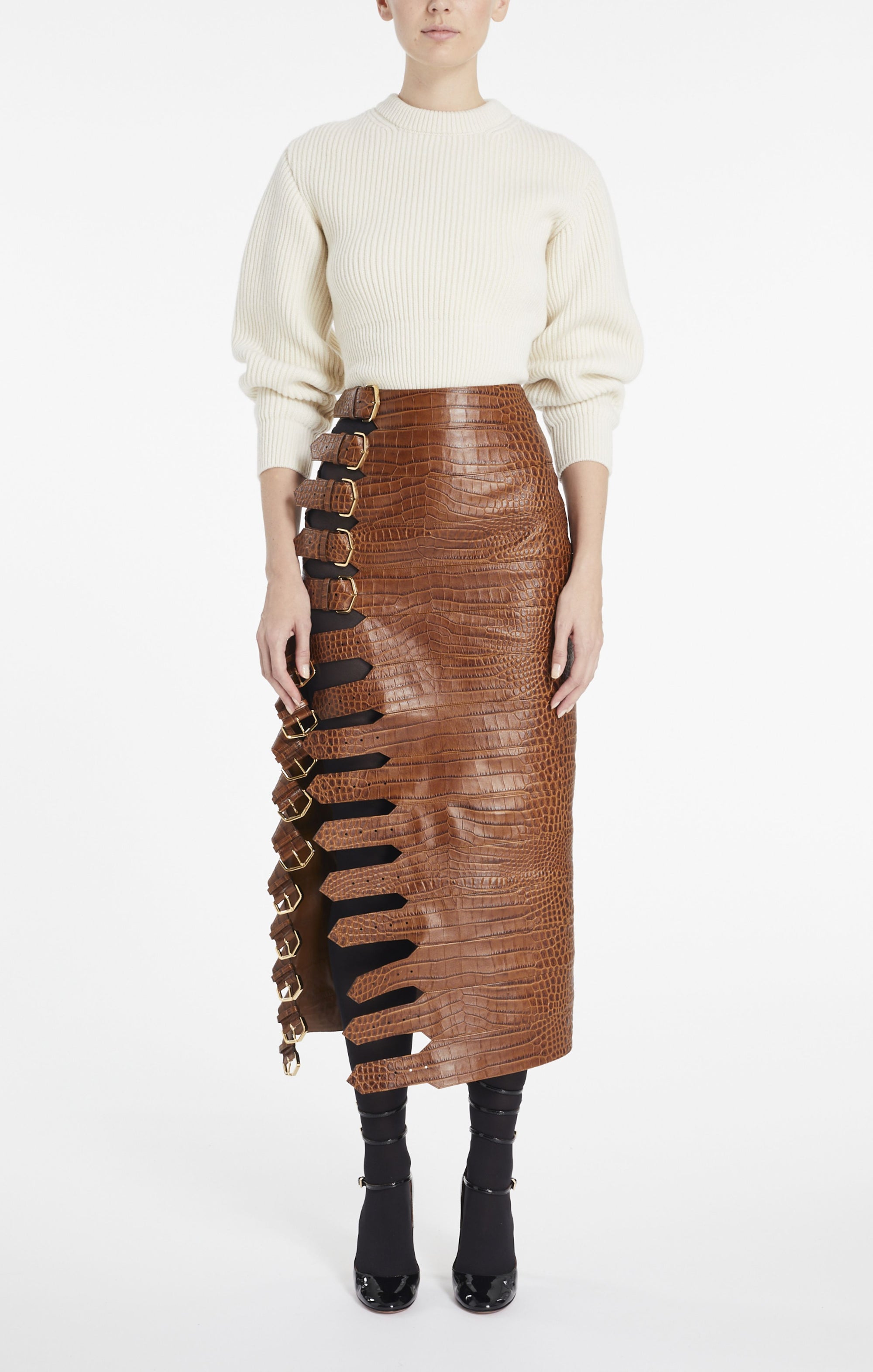 Jupe à boucle en cuir embossé crocodile - Tabac