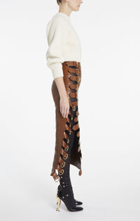 Jupe à boucle en cuir embossé crocodile - Tabac
