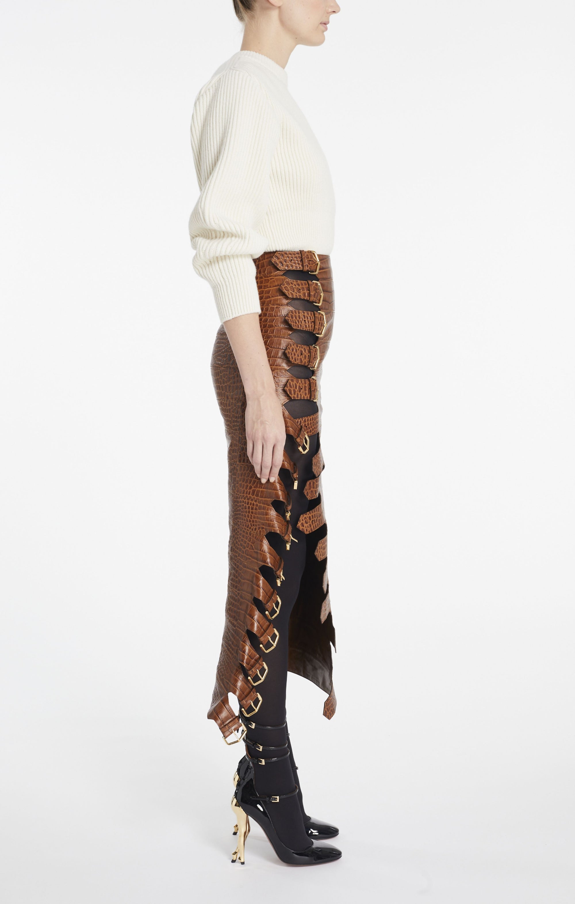 Jupe à boucle en cuir embossé crocodile - Tabac