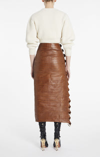 Jupe à boucle en cuir embossé crocodile - Tabac