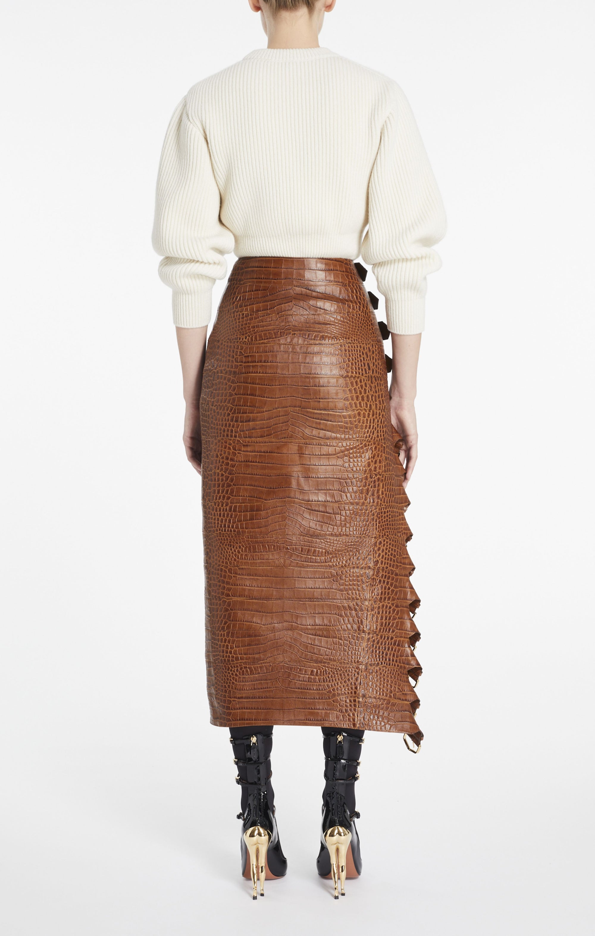 Jupe à boucle en cuir embossé crocodile - Tabac