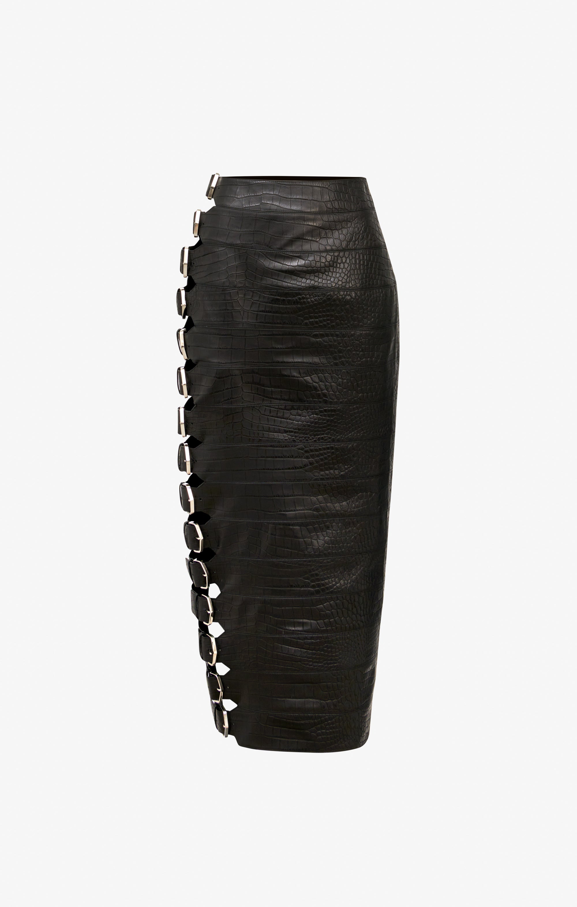Jupe à boucle en cuir imprimé crocodile - Noir Alaïa