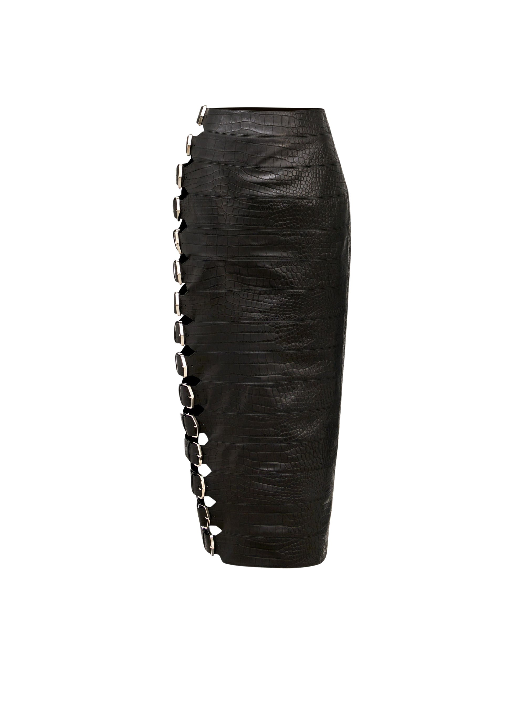 Jupe à boucle en cuir imprimé crocodile - Noir Alaïa