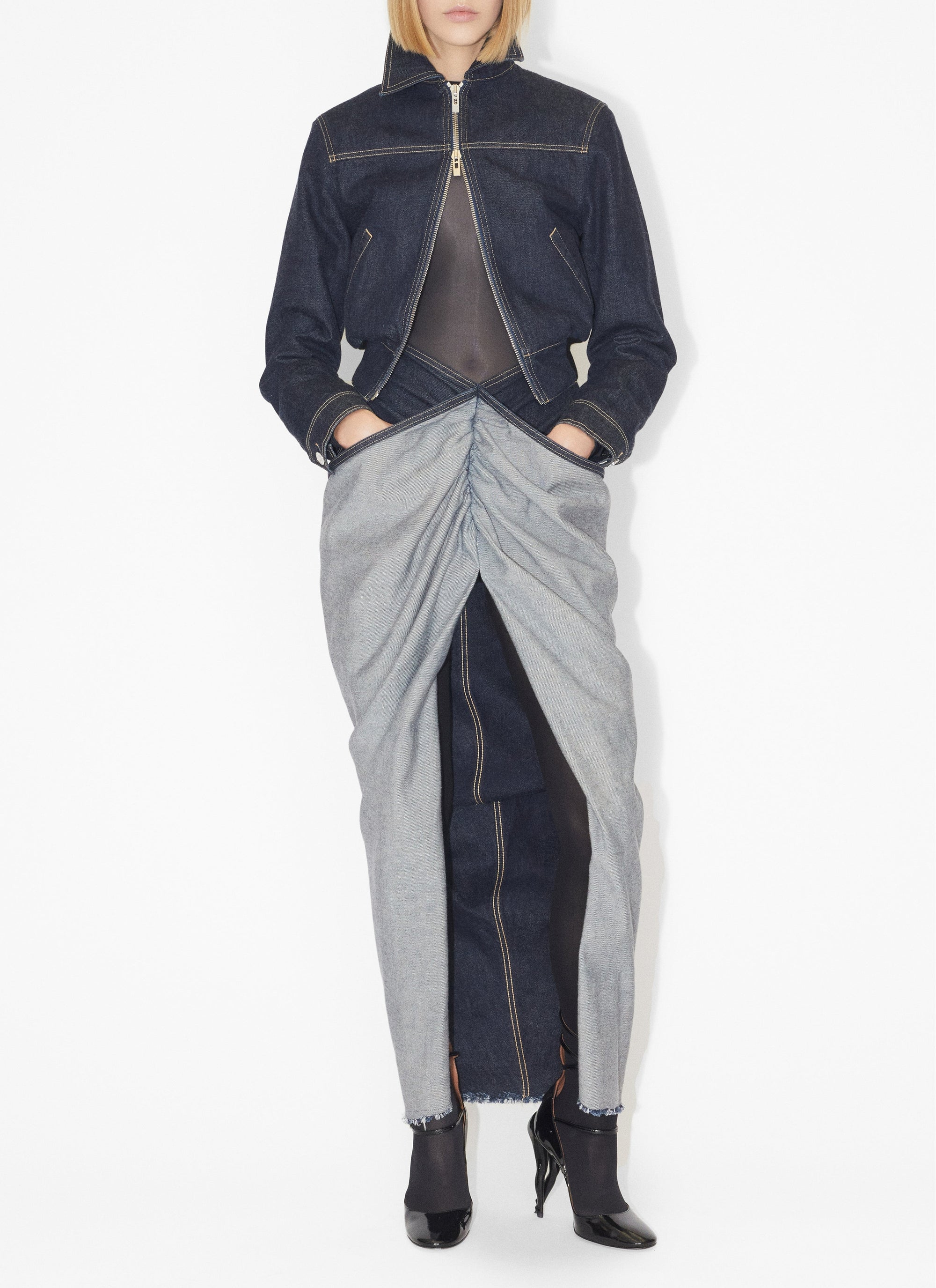 Jupe drapée en denim brut - Bleu Denim