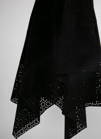 Asymmetrical openwork long leather skirt - Black intense