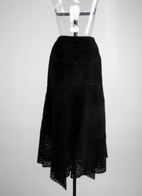 Asymmetrical openwork long leather skirt - Black intense
