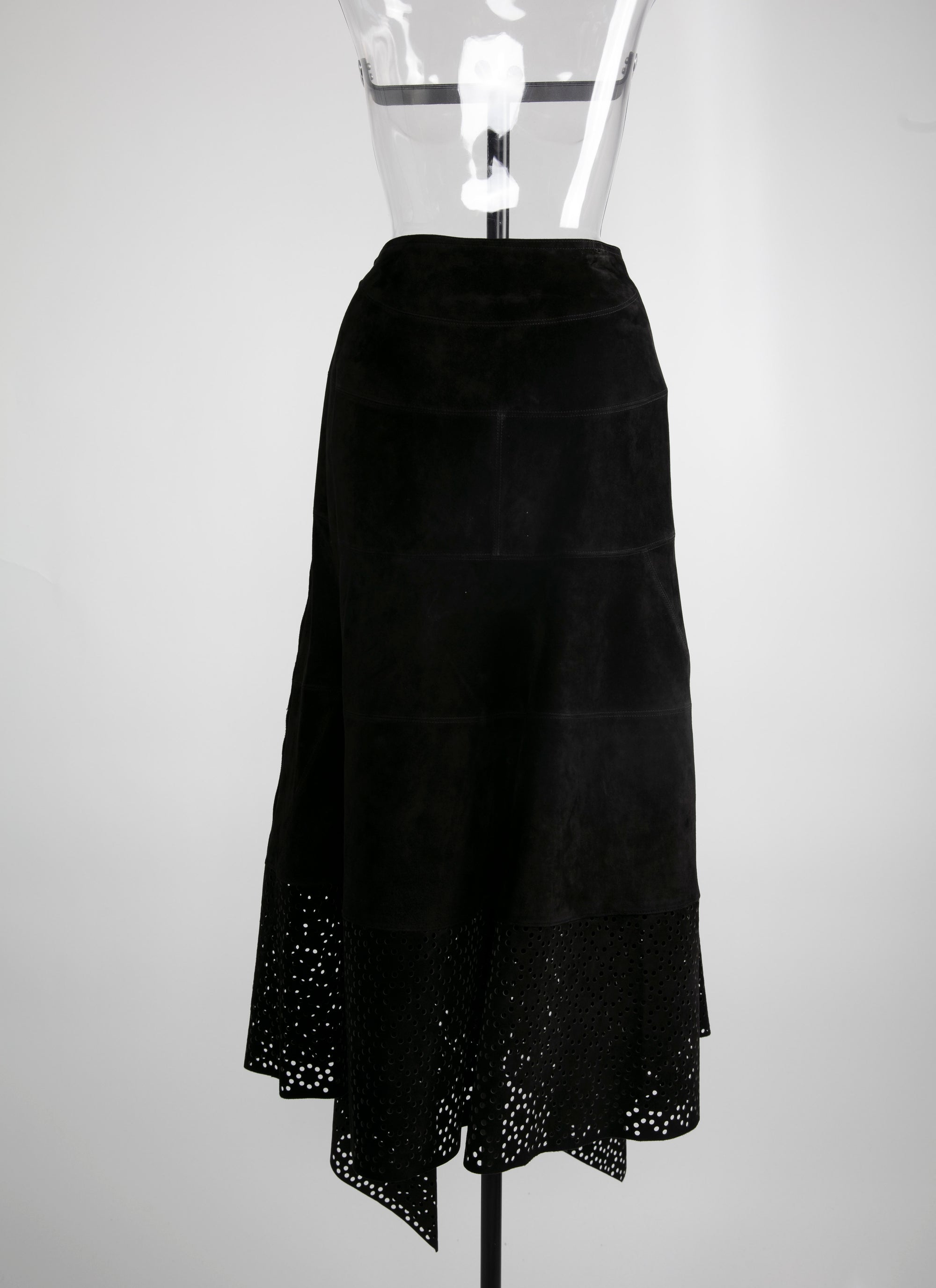 Asymmetrical openwork long leather skirt - Black intense
