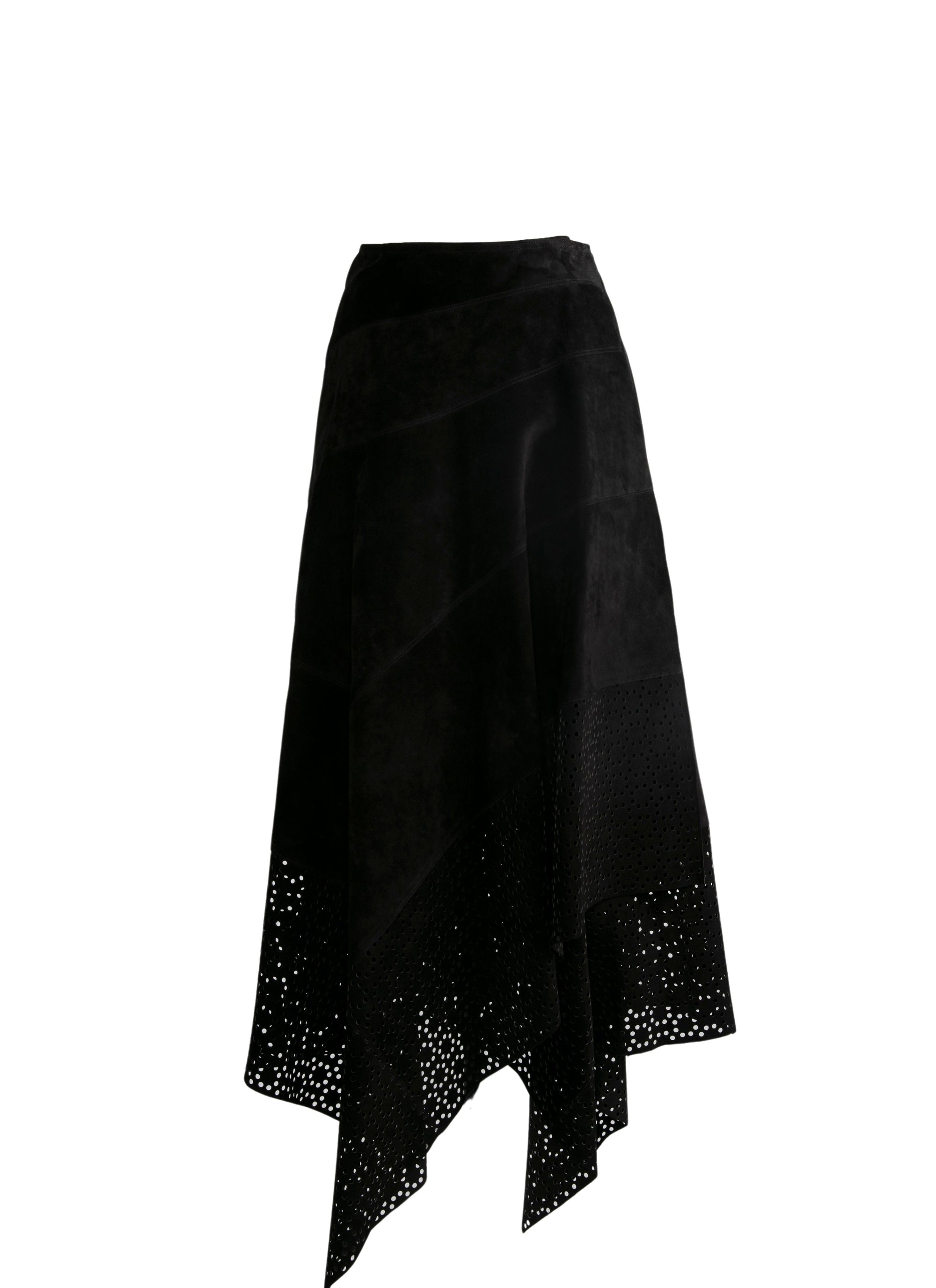 Asymmetrical openwork long leather skirt - Black intense