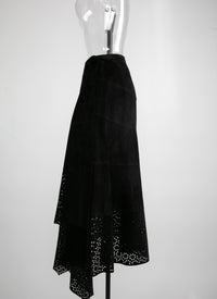 Asymmetrical openwork long leather skirt - Black intense