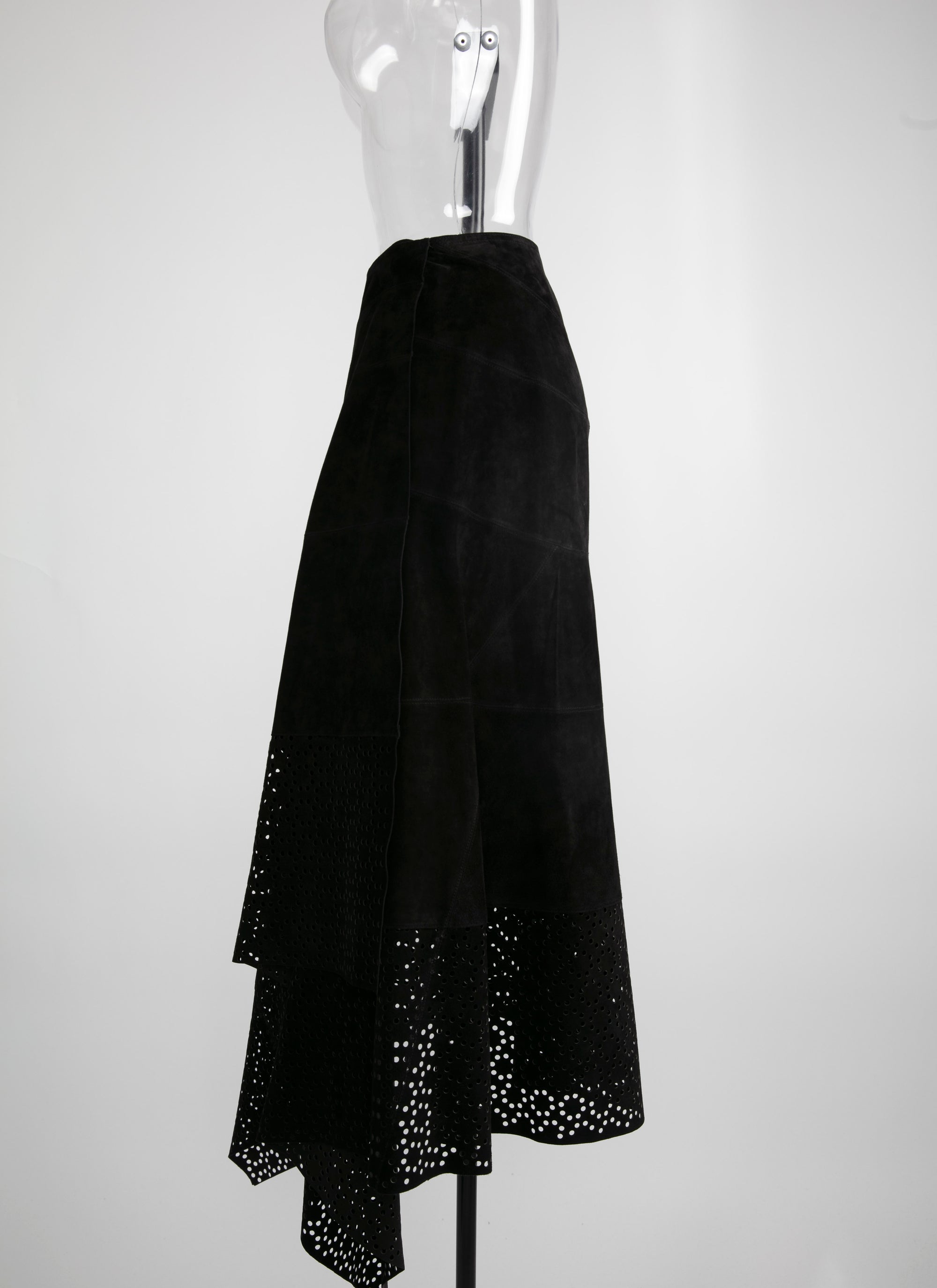 Asymmetrical openwork long leather skirt - Black intense