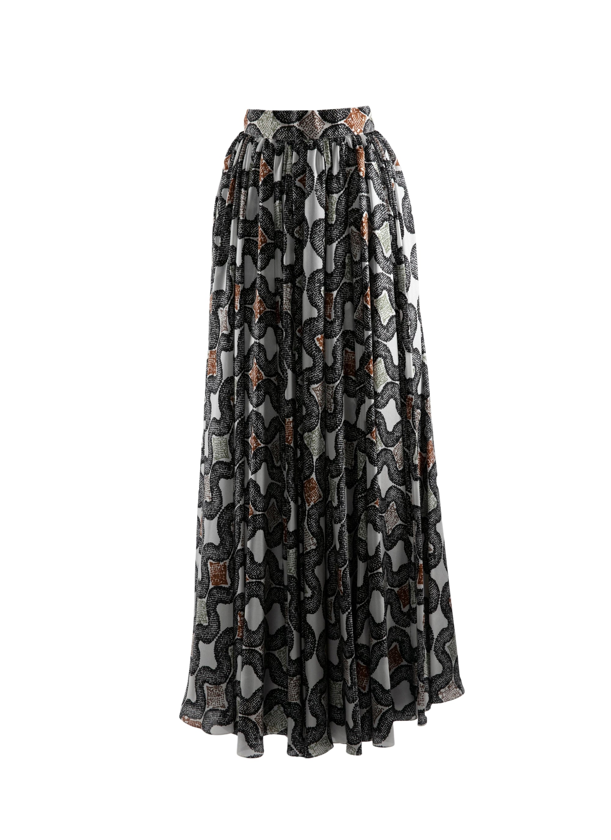 Long silk print skirt - Ivory & Black