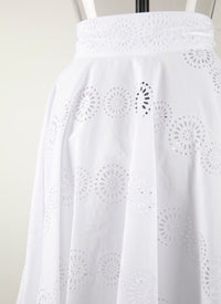 Plain mid-length skirt with perforated details - White